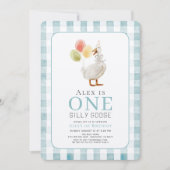 Een Gekke Goose Blue Gingham Boy 1st Birthday Kaart (Voorkant)