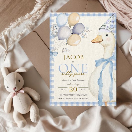 Een Gekke Goose Blue Gingham Boy 1st Birthday Kaart