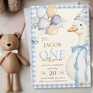 Een Gekke Goose Blue Gingham Boy 1st Birthday Kaart