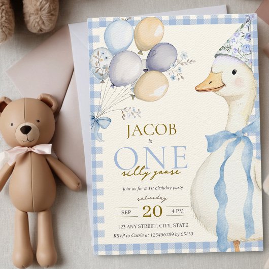 Een Gekke Goose Blue Gingham Boy 1st Birthday Kaart