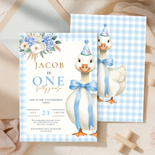 Een Gekke Goose Blue Gingham Boy 1st Birthday Kaart