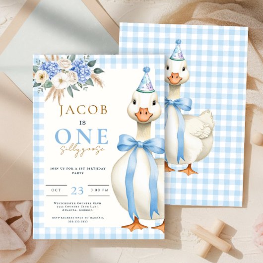 Een Gekke Goose Blue Gingham Boy 1st Birthday Kaart