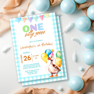 Een Gekke Goose Blue Gingham Boy 1st Birthday Kaart