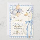 Een Gekke Goose Blue Gingham Boy 1st Birthday Kaart (Voorkant)