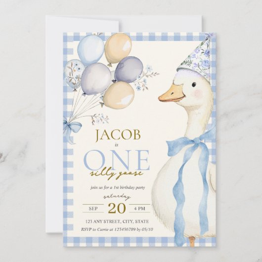 Een Gekke Goose Blue Gingham Boy 1st Birthday Kaart (Voorkant)