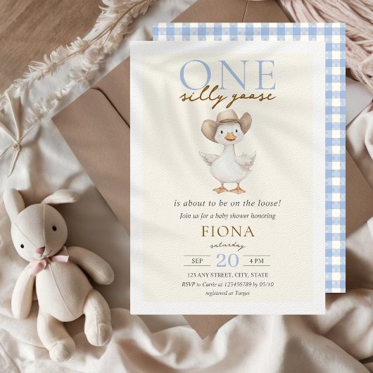 Een Gekke Goose Blue Gingham Boy Baby shower Kaart