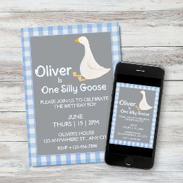 Een Gekke Goose Blue Gingham Boy's verjaardagsfees Kaart