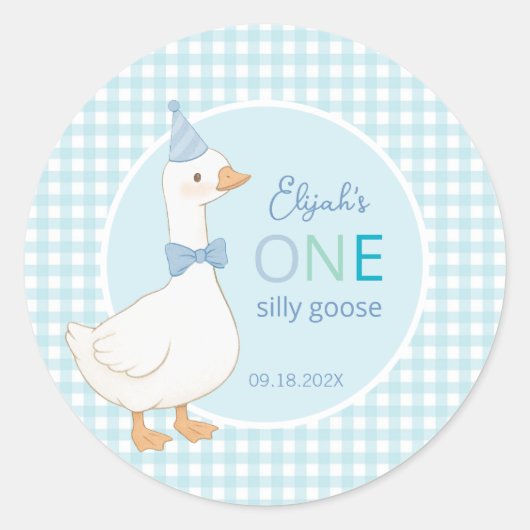 Een Gekke Goose Blue Party Pet Boy Eerste Verjaard Ronde Sticker (Voorkant)