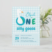 Een Gekke Goose Blue Plaid Boy 1e verjaardagsfeest Kaart (Staand voorkant)