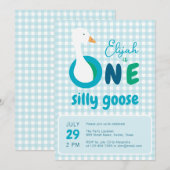 Een Gekke Goose Blue Plaid Boy 1e verjaardagsfeest Kaart (Voorkant / Achterkant)