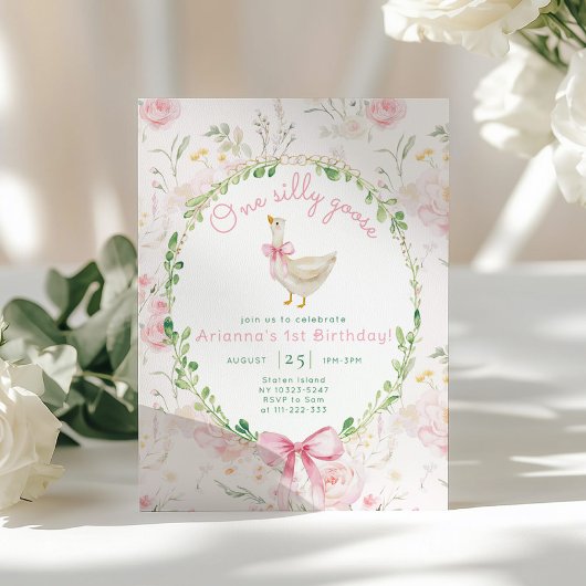 Een Gekke Goose Blush Pink Bow Girl 1e verjaardag Kaart