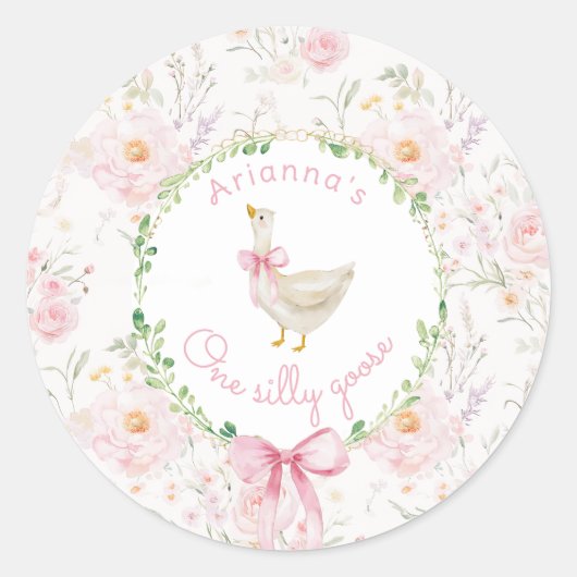 Een Gekke Goose Blush Pink Bow Girl 1e verjaardag Ronde Sticker (Voorkant)
