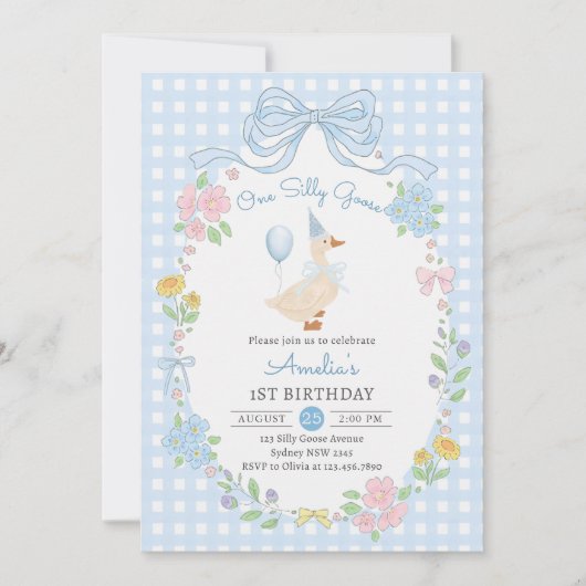 Een Gekke Goose Bow Bloemen 1e Verjaardag Uitnodig Kaart (Voorkant)