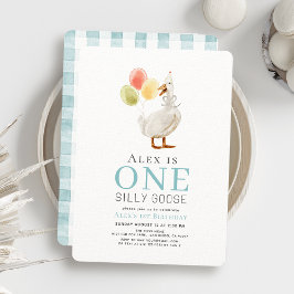 Een Gekke Goose Boy Blue Gingham 1st Birthday Kaart