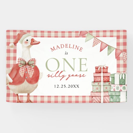 Een Gekke Goose Christmas Gingham 1st Birthday Spandoek (Horizontaal)