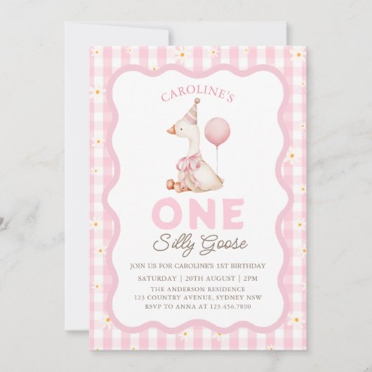 Een Gekke Goose Daisy Gingham 1e verjaardag Kaart (Voorkant)
