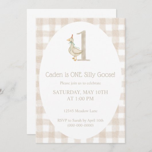 Een Gekke Goose Eerste Verjaardag Uitnodiging (Voorkant / Achterkant)