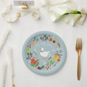 Een Gekke Goose Farmer Garden Theme Blue Papieren Bordje