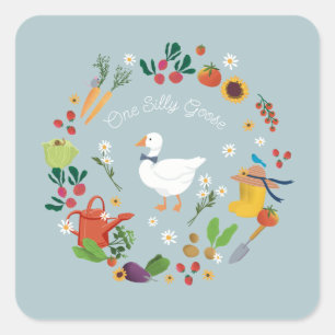 Een Gekke Goose Farmer Garden Theme Blue Vierkante Sticker
