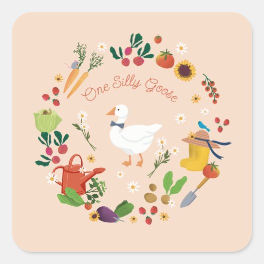 Een Gekke Goose Farmer Garden Theme Peach Vierkante Sticker (Voorkant)