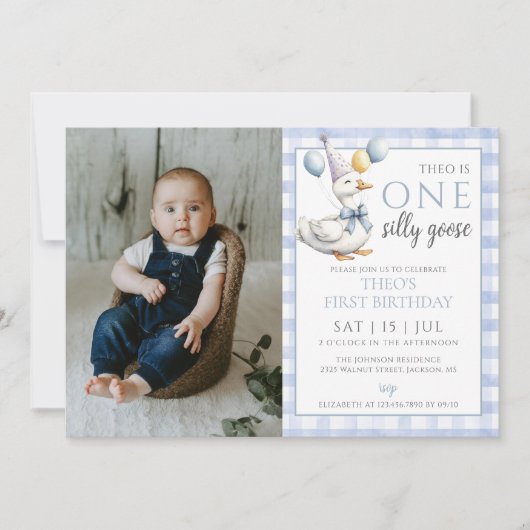 Een Gekke Goose Foto Blue Boy 1st Verjaardagsfeest Kaart (Voorkant)