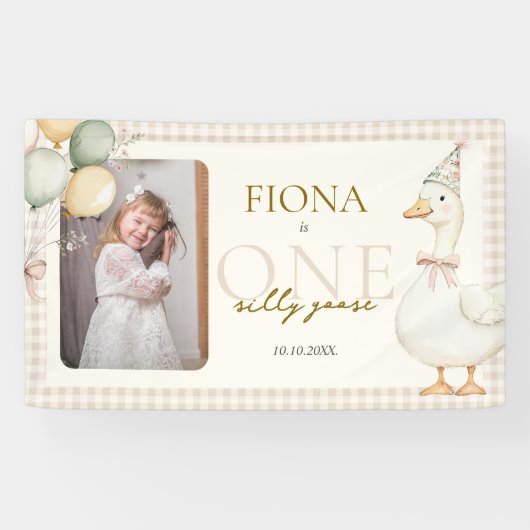 Een Gekke Goose Gingham 1st Birthday Foto Spandoek (Horizontaal)