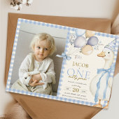 Een Gekke Goose Gingham Blue 1st Birthday Foto Kaart
