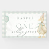Een Gekke Goose Gingham Neutral 1st Birthday Banne Spandoek (Horizontaal)
