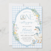 Een Gekke Goose Girl 1st Birthday Blue Gingham Kaart (Voorkant)