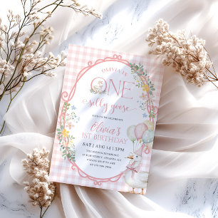 Een Gekke Goose Girl 1st Birthday Pink Gingham Kaart