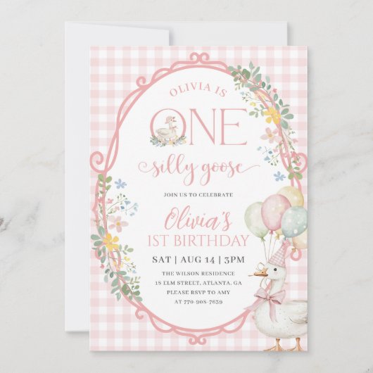 Een Gekke Goose Girl 1st Birthday Pink Gingham Kaart (Voorkant)