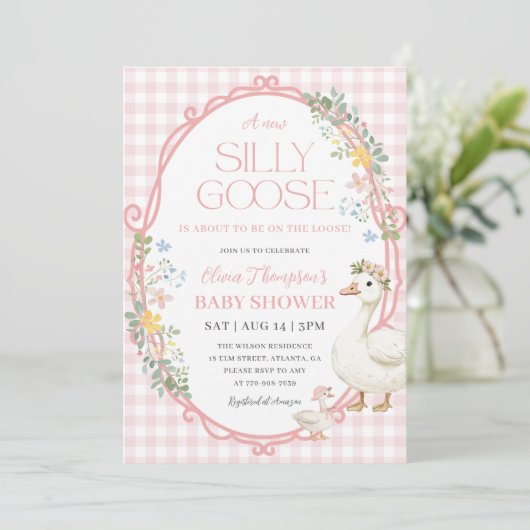 Een Gekke Goose Girl Baby shower Pink Gingham Kaart (Staand voorkant)