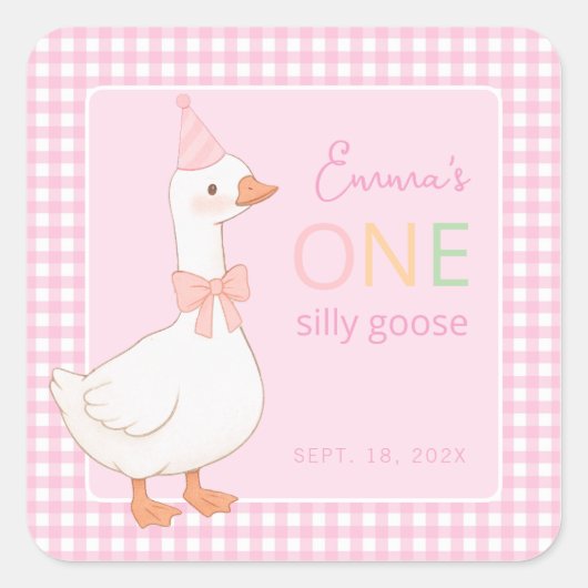 Een Gekke Goose Girl Eerste Verjaardag Roze Party  Vierkante Sticker (Voorkant)