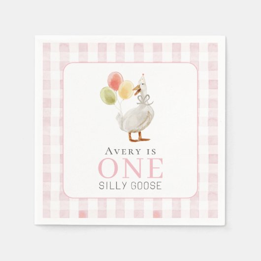 Een Gekke Goose Girl Pink Gingham 1st Birthday Servet (Voorkant)