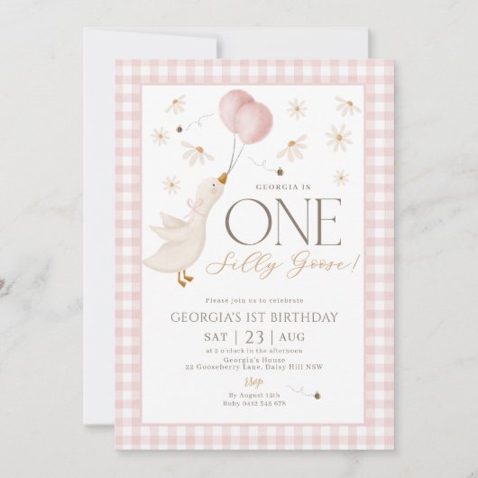 Een Gekke Goose Girls 1e Verjaardag Pink Gingham Kaart (Voorkant)