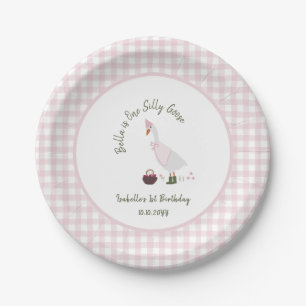 Een Gekke Goose Girls Pink Gingham 1e Verjaardag Papieren Bordje