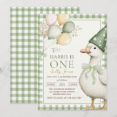 Een Gekke Goose Green Gingham 1e verjaardag Kaart (Voorkant / Achterkant)