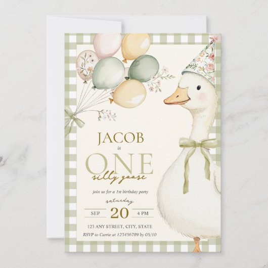 Een Gekke Goose Green Gingham 1e verjaardag Kaart (Voorkant)