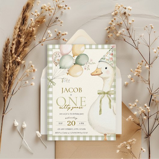Een Gekke Goose Green Gingham 1e verjaardag Kaart