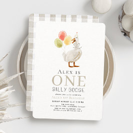 Een Gekke Goose Greige Gingham 1e verjaardag Kaart