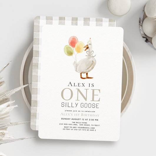Een Gekke Goose Greige Gingham 1e verjaardag Kaart
