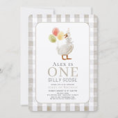 Een Gekke Goose Greige Gingham 1e verjaardag Kaart (Voorkant)