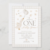 Een Gekke Goose Neutral 1e Verjaardag Beige Gingha Kaart (Voorkant)