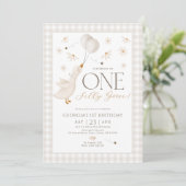 Een Gekke Goose Neutral 1e Verjaardag Beige Gingha Kaart (Staand voorkant)