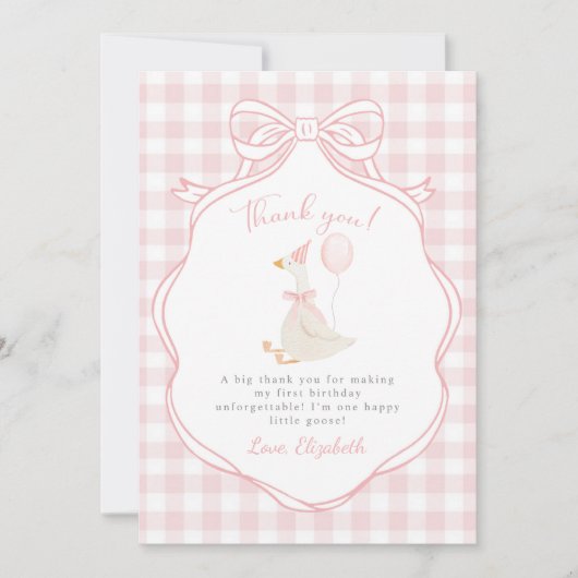 Een Gekke Goose Pink Bow Eerste Verjaardag Bedankkaart (Voorkant)