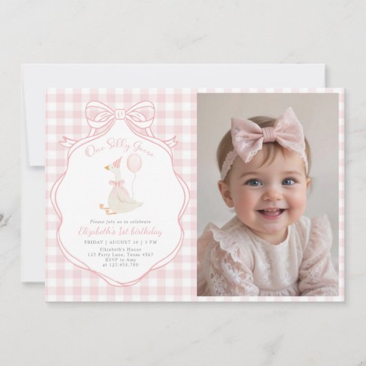 Een Gekke Goose Pink Bow Eerste Verjaardag Foto Kaart (Voorkant)