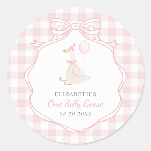 Een Gekke Goose Pink Bow Eerste Verjaardag Ronde Sticker (Voorkant)