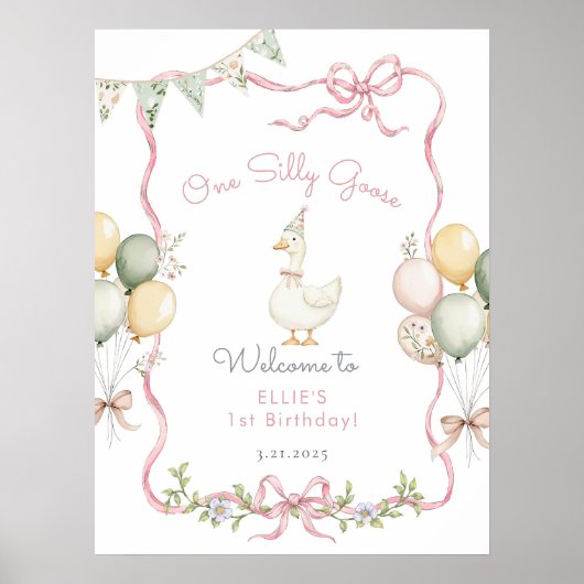 Een Gekke Goose Pink Bow Girl 1e verjaardag Welkom Poster (Voorkant)