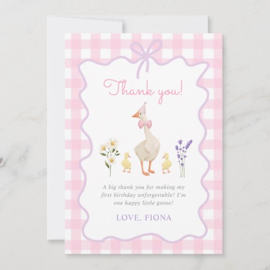 Een Gekke Goose Pink Gingham 1st Birthday Bedankkaart (Voorkant)