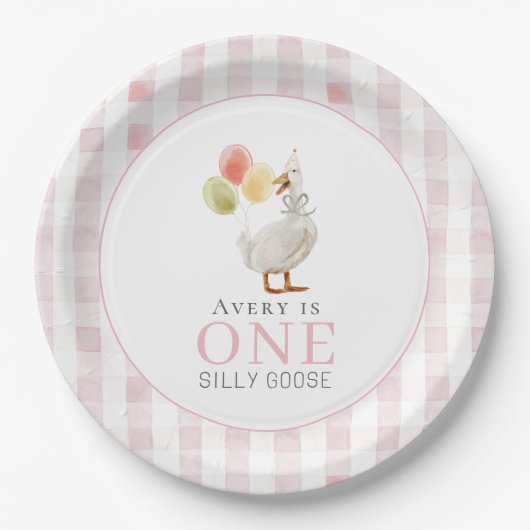 Een Gekke Goose Pink Gingham 1st Birthday Papieren Bordje (Voorkant)
